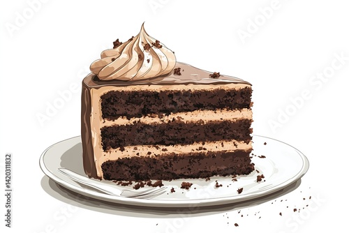 A Slice of Rich Chocolate Cake with Thick Frosting, Crumbs on the Side, Perfectly Isolated on a Simple Plate Against a White Background photo