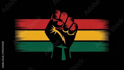Raised fist emblem over pan african flag colored stripes illustration