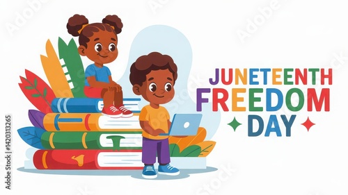 Cartoon children celebrating juneteenth freedom day with books and laptop