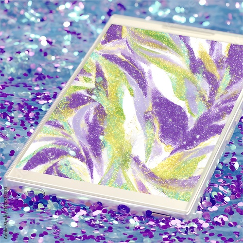 Tablet Display with Abstract Purple Green and White Pattern Amidst Decorative Glitter Confetti.