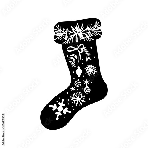 A black silhouette of a Christmas stocking decorated with holiday ornaments and snowflakes, set against a white background. Christmas theme