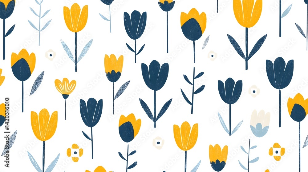 Fototapeta premium Seamless Pattern Yellow Blue Tulips Floral Design