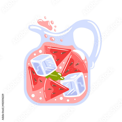 vector illustration depicts a refreshing watermelon lemonade in a glass pitcher, filled with ice cubes. colors and inviting design capture the essence of summer, perfect for beverage menus, cookbooks