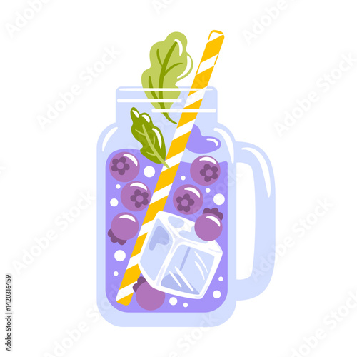 Refreshing blueberry lemonade in a clear glass mug, garnished with berries and mint leaves, topped with ice cubes, served with a colorful straw. Perfect for a hot summer day.