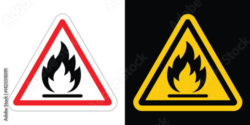 The image shows two versions of a warning sign. Both signs are triangular and feature a stylized flame symbol above a horizontal line, indicating flammable materials. 