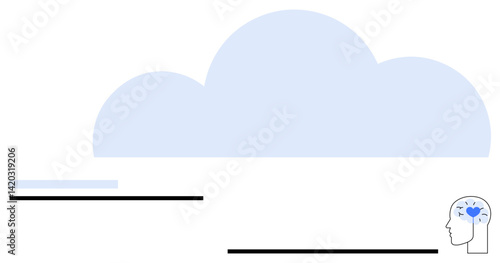 Large soft blue cloud above stylized head with brain and heart elements. Ideal for creativity, mindfulness, innovation, reflection, cloud computing, mental health, emotional intelligence. Flat simple