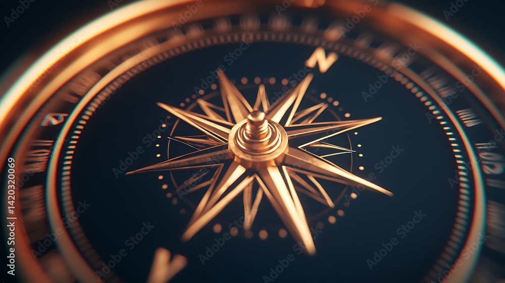 Elegant Golden Compass: Guiding Navigation and Direction with Precise Details, Indicating North on a Dark Background Elegant Golden Compass: Guiding Navigation and Direction with Precise Details, Indicating North on a Dark Background