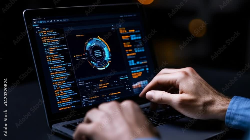 Hands Typing on Laptop with Futuristic User Interface and Data Visualizations in Dark Environment Hands Typing on Laptop with Futuristic User Interface and Data Visualizations in Dark Environment