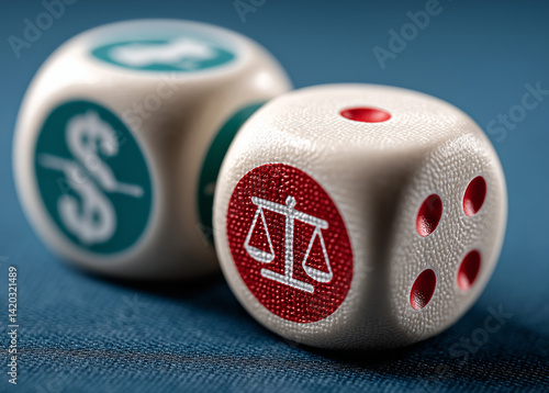 Wallpaper Mural Flat Lay of Dice with Red Dollar Sign and Green Justice Symbol on Blue Background — Minimalist Concept Art Stock Photo Torontodigital.ca