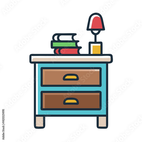 Bedside Table with Book and Decor Icon Representing Nightstand Furniture and Cozy Bedroom