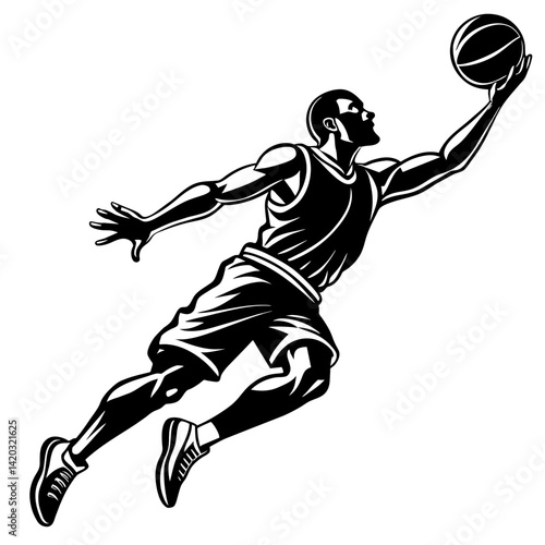 Black and white vector icon of a basketball player jumping with the ball
