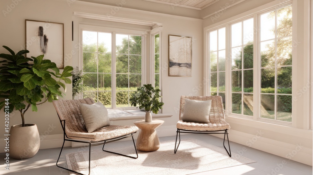 Minimal sunroom with two chairs and neutral palette Minimal sunroom with two chairs and neutral palette