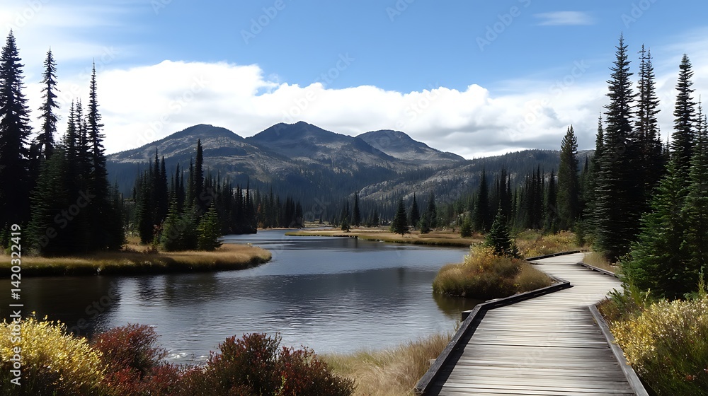 Tranquil Lake Scene with Wooden Path Mountains Trees and Sky Reflecting the Calm in Nature. Tranquil Lake Scene with Wooden Path Mountains Trees and Sky Reflecting the Calm in Nature.