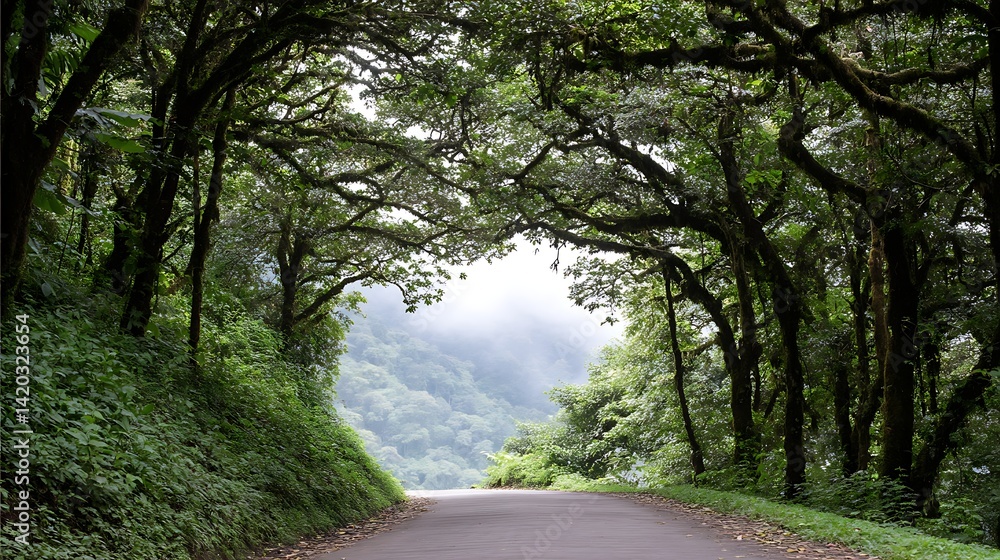 Fototapeta premium Tranquil Pathway Beneath Lush Green Canopy Nature's Embrace in Serene Landscape Beauty Scene.