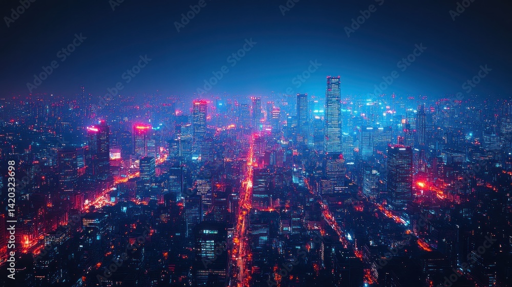Fototapeta premium Cityscape night aerial view with illuminated streets and hazy skyline