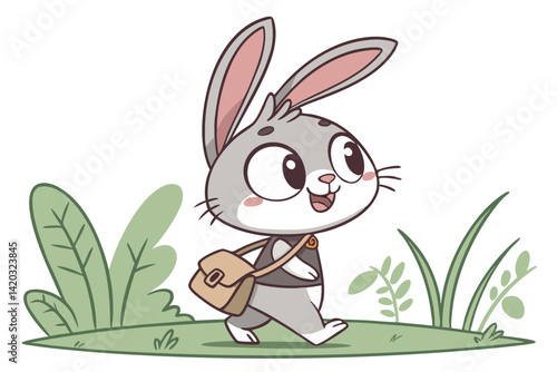 9 Cute cartoon rabbit, kawaii style, large ears, big eyes, smiling, wearing a messenger bag, standing in grass, gray and white fur, pink inner ears, green plants, simple background, vector art, flat c