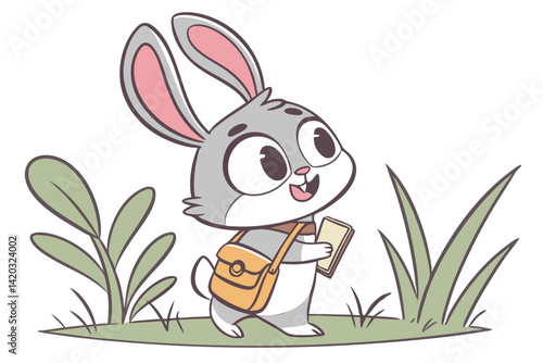 9 Cute cartoon rabbit, kawaii style, large ears, big eyes, smiling, wearing a messenger bag, standing in grass, gray and white fur, pink inner ears, green plants, simple background, vector art, flat c
