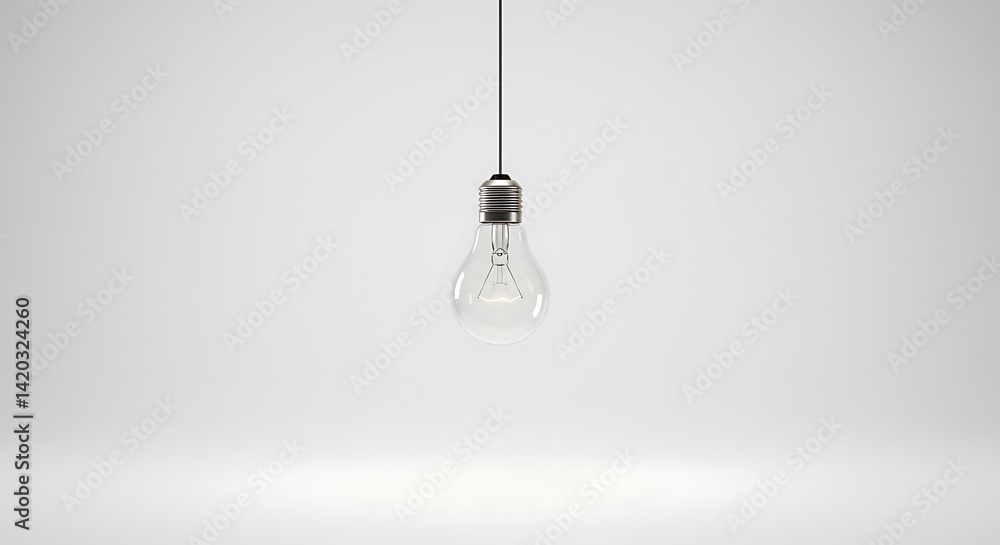 A single light bulb hanging from a thin wire in the center of a blank, white background