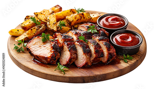 Grilled pork chops served with pineapple salsa and dipping sauce