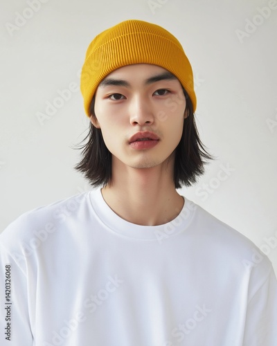 Young man showcases a vibrant yellow beanie while wearing a classic white shirt against a minimalistic backdrop