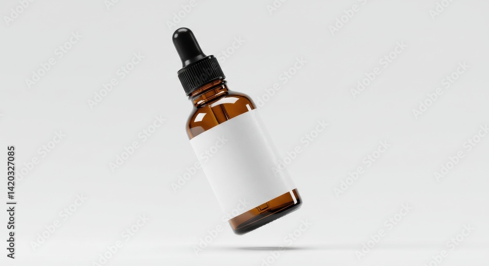Amber glass bottle with dropper and blank label on a white background studio shot with soft shadow Amber glass bottle with dropper and blank label on a white background studio shot with soft shadow