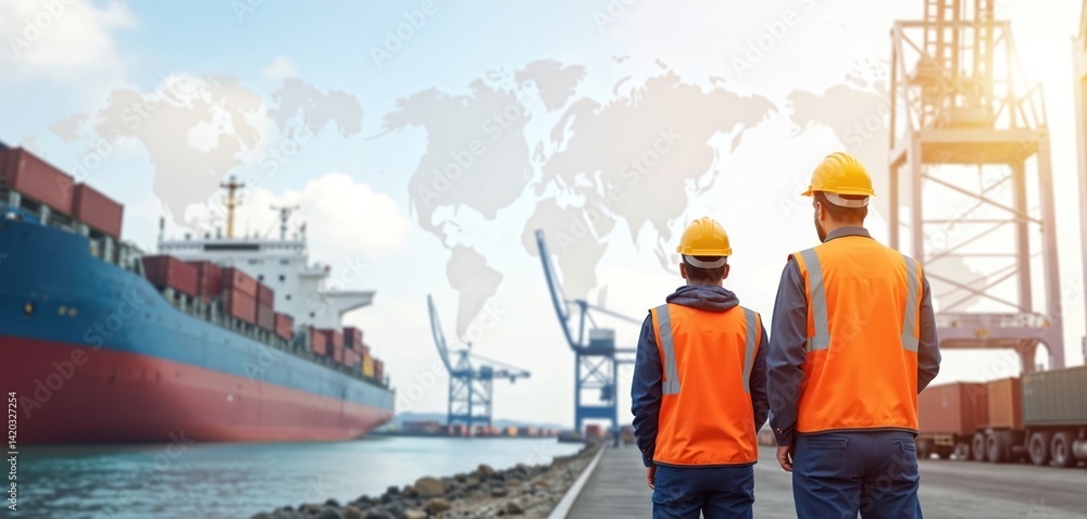 Engineers inspect cargo ship at industrial port during sunset. Global business logistic, transportation import export concept with freight containers. Distribution worldwide supply chain,