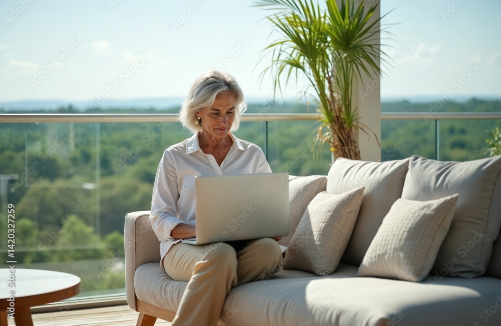 Fototapeta premium Mature woman using laptop on outdoor terrace. Female works remotely, typing on computer. Sits on sofa, enjoying sunny day. Background shows green nature, blue sky, creating relaxing atmosphere.