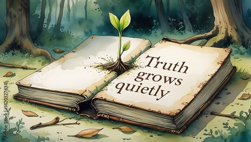 Philosophical Nature Illustration - Book with Growing Plant and Inspirational Quote