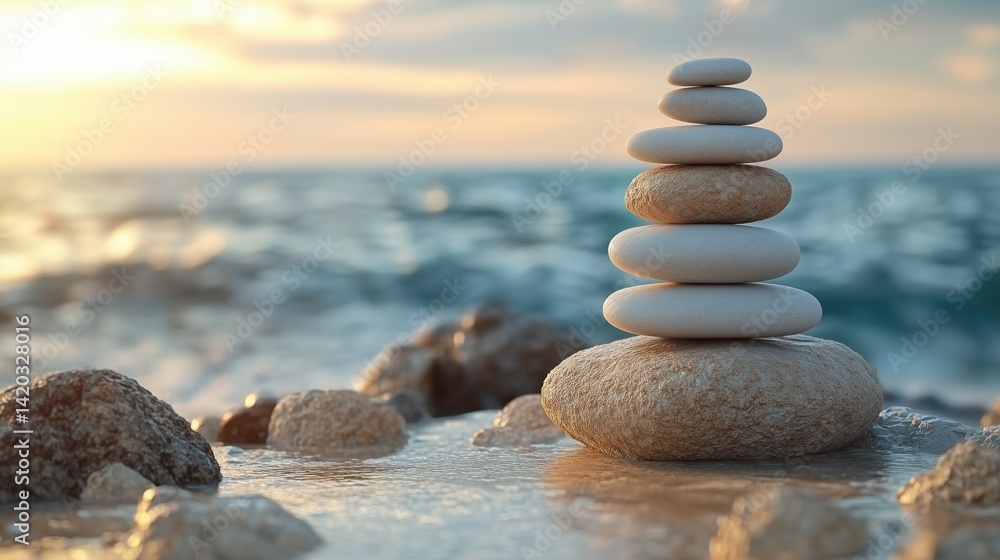 Fototapeta premium Smooth zen stones stacked in perfect balance by the sea. A tranquil moment of serenity and connection with nature. Symbol of harmony, stillness, and natural mindfulness.