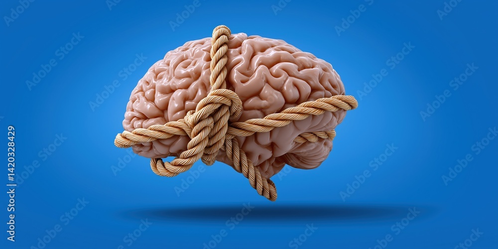 A brain is tied to a rope. The rope is tied to the brain in a way that it looks like the brain is being strangled. Concept of danger and fear