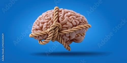 Obraz na płótnie A brain is tied to a rope. The rope is tied to the brain in a way that it looks like the brain is being strangled. Concept of danger and fear w salonie