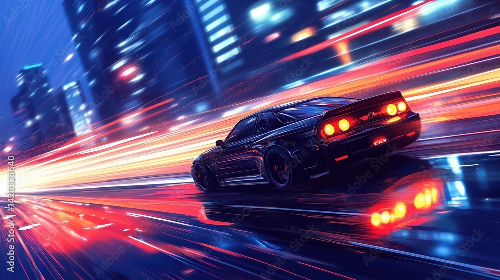Fototapeta premium A sleek black sports car speeding through a city at night, with vibrant light trails from passing vehicles creating a dynamic sense of motion. The urban backdrop features illuminated skyscrapers.