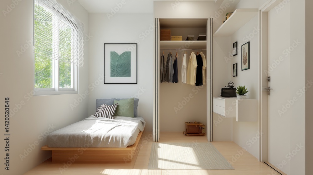 Minimalist bedroom with single artwork and open closet Minimalist bedroom with single artwork and open closet