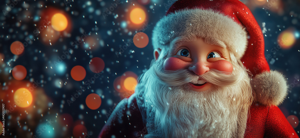 Cheerful Santa Claus with Snow and Colorful Bokeh Background for Holiday Celebrations, copy space for text. Cheerful Santa Claus with Snow and Colorful Bokeh Background for Holiday Celebrations, copy space for text.