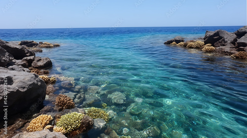 Turquoise Coastline Rocks and Coral in a Tranquil Marine Landscape Under a Sunny Blue Sky. Turquoise Coastline Rocks and Coral in a Tranquil Marine Landscape Under a Sunny Blue Sky.