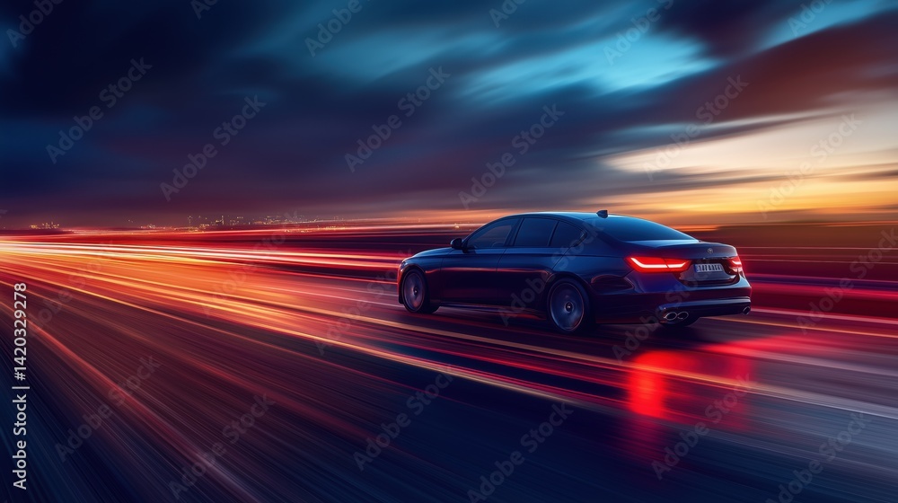 Naklejka premium A sleek black car speeding down a highway at dusk, with dynamic light trails creating a sense of motion. The sky is a mix of dark clouds and vibrant sunset colors, enhancing the dramatic effect.