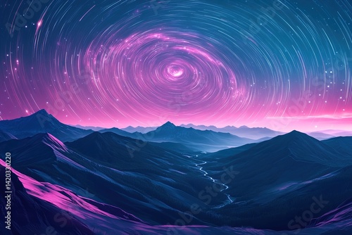 
Neon Pink Night Sky with Rapid Star Trails Forming a Spiral Galaxy Above Soft Rolling Mountains, Featuring Reflected Peaks and Floating Glowing Particles

