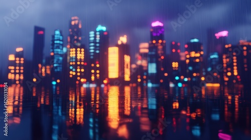 Wallpaper Mural A vibrant city skyline at night, illuminated by colorful lights reflecting on wet surfaces. The scene is enhanced by a moody atmosphere with rain and clouds. Torontodigital.ca