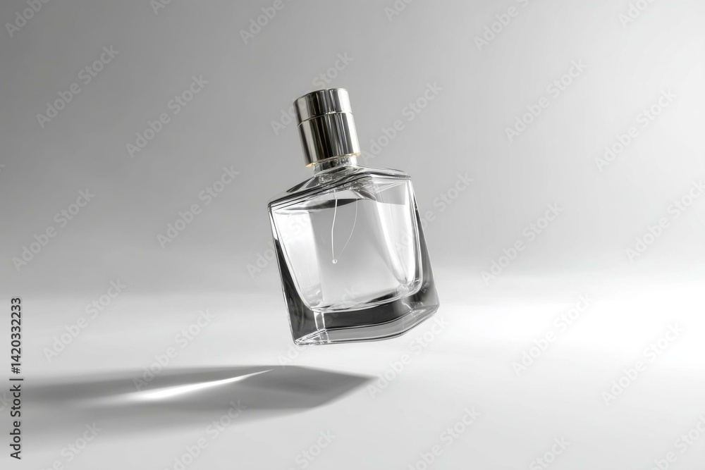 Elegant Transparent Perfume Bottle Suspended in Air with Shadow Elegant Transparent Perfume Bottle Suspended in Air with Shadow