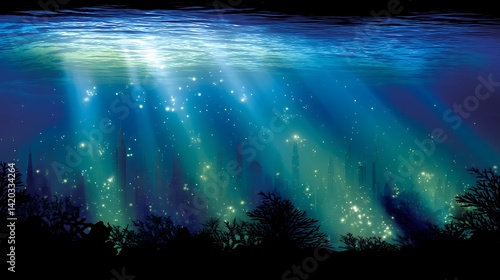 Underwater City Ruins Sunlight Rays in Deep Blue Ocean Serene Scene with Aquatic Flora Silhouettes