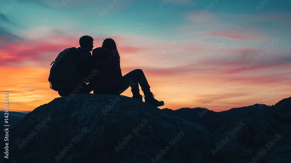 Couple Sitting on Rock at Sunset with Colorful Sky Couple Sitting on Rock at Sunset with Colorful Sky