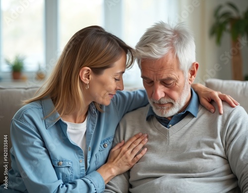 Obraz na płótnie Woman supports elderly man. Couple faces relationship challenges. Female offers comfort, solace to senior male. Family love, care, help at home. Relationship, empathy, mental health matters in focus. w salonie