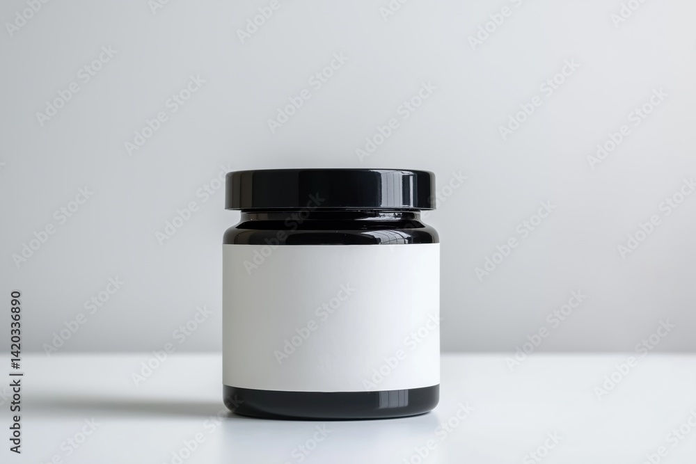 A jar of jelly sits on a white table. The jar is empty and has a black lid A jar of jelly sits on a white table. The jar is empty and has a black lid