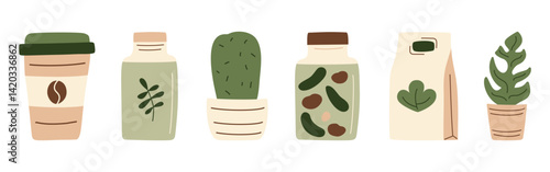 Canned cup of coffee, jar, paper bag, plant and cactus in a row. Meal preserved in a glass jar from supermarket or farmer market for eco-friendly design. Vector illustration in organic flat style.