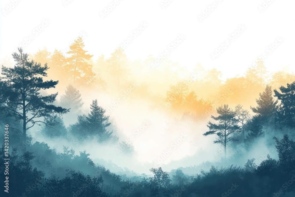 Naklejka premium Sunlight pierces through trees in a tranquil forest during early morning hours