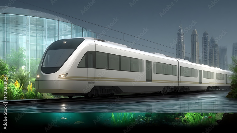 Naklejka premium Urban Train Reflecting City Skyline and Underwater Life Transportation of the Future Technology.