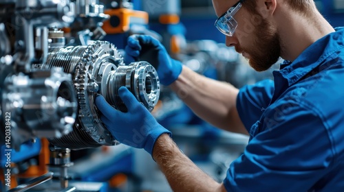 A man in a blue shirt is working on a machine