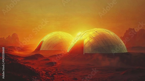 Futuristic domes on a Martian landscape, illuminated by a golden sunrise, showcasing innovation in space habitation.