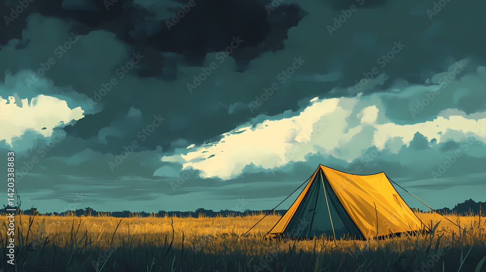 Yellow tent in field under stormy sky Yellow tent in field under stormy sky