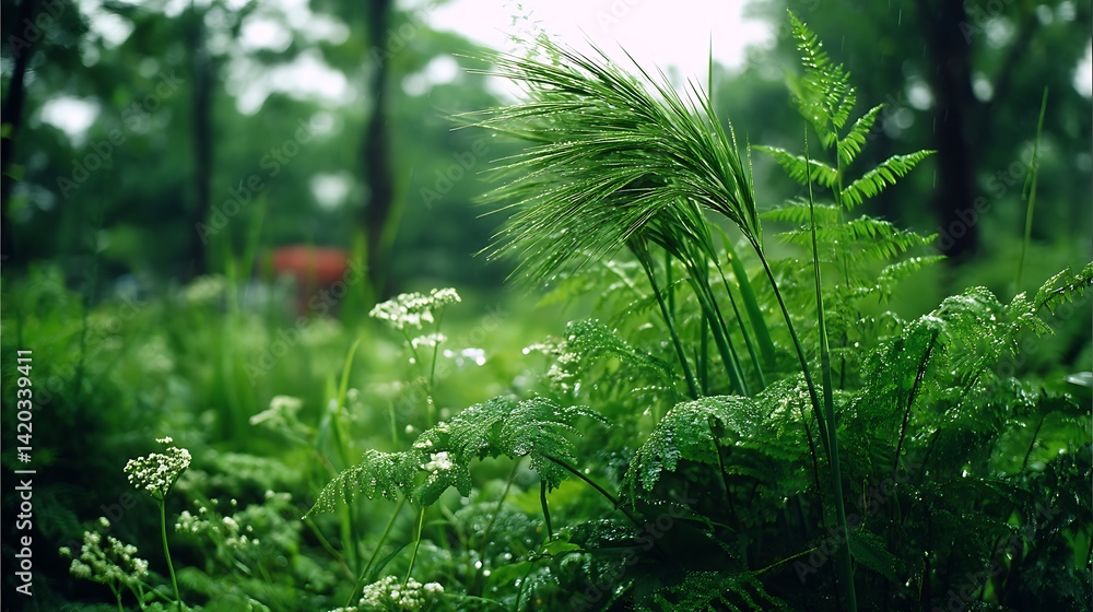 Obraz premium Verdant Meadow Serenity Lush Green Flora Wild Grasses and Plants in Nature s Embrace Scenery.